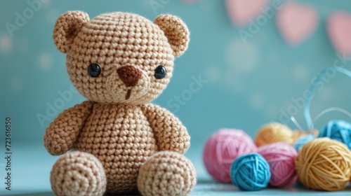 Crocheted bear toy vibrant backdrop, handcrafted and adorable, Ai Generated