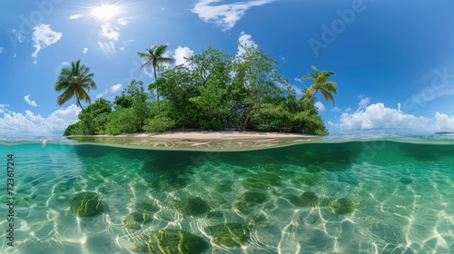 Escape to a stunning tropical island through a 360 spherical panorama  surrounded by clear waters and vibrant trees. Ai Generated.