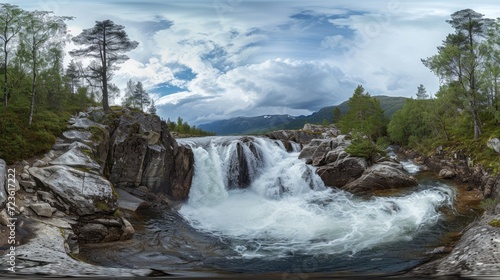 Take a virtual journey with a 360-degree view of a majestic waterfall in Norway s pristine wilderness. Ai Generated.