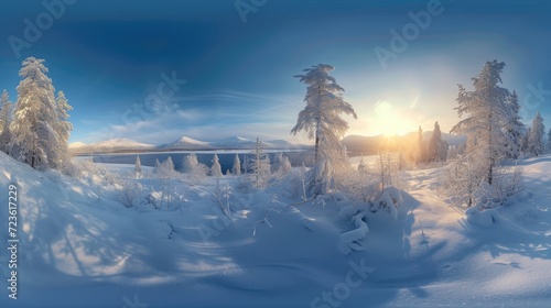 Embark on a wintry adventure with a 360-degree view of a serene snowy landscape. Ai Generated.