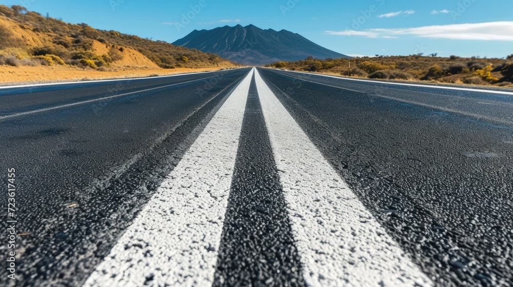 Naklejka premium road in the mountains. Highway, highway on the background of mountains. Close-up. bottom view.