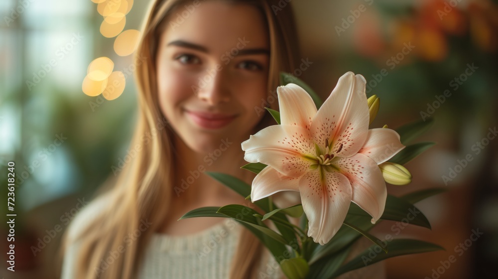 Naklejka premium Beautiful Young Woman Holding a Flower in Her Hand
