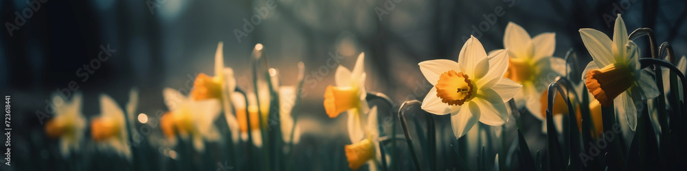 Mystical Daffodils with Blurred Background and Beautiful Lights - banner size Mystical Daffodils with Blurred Background and Beautiful Lights - banner size