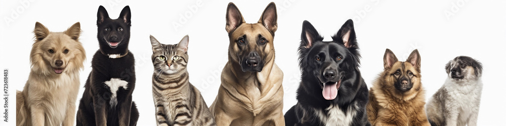 Group of Cats and Dogs on White Background
