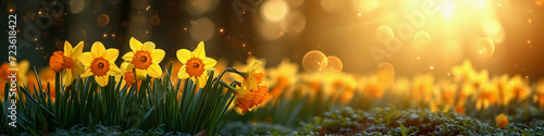 Mystical Daffodils with Blurred Background and Beautiful Lights - banner size