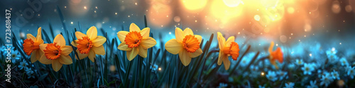 Mystical Daffodils with Blurred Background and Beautiful Lights - banner size