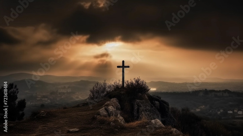 Christian Wooden Cross Illuminated by Sun in Landscape