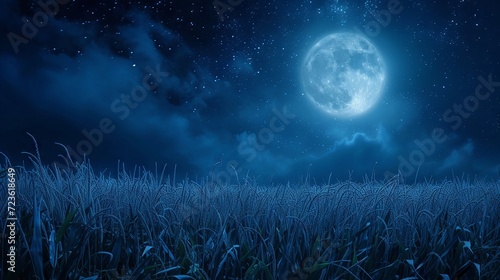A full moon illuminates a cornfield creating a magical blue night scene. photo