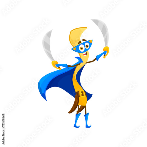 Cartoon fettuccine italian pasta superhero character. Isolated vector lively super hero noodle personage, wear cape, mask and weapon swords, ready to fight hunger and bring joy to the dinner table