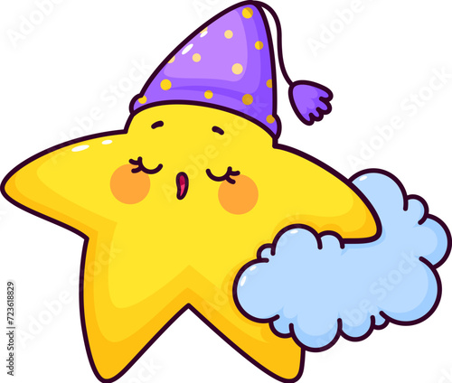 Cartoon cute funny kawaii star and twinkle character peacefully sleeps on fluffy cloud, adorned with a snug nightcap. Isolated vector adorable cosmic personage in its dreamy celestial nighttime haven