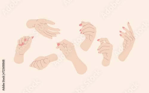 Set of female hands with different gestures. Vector illustration in flat style
