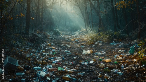 Discarded plastic litter amidst the forest environment.