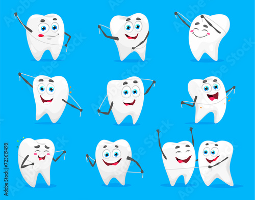 Cartoon tooth characters with dental floss, vector dentistry, oral health and hygiene emojis. Cute teeth personages using floss to remove dental plaque with funny faces and happy smiles