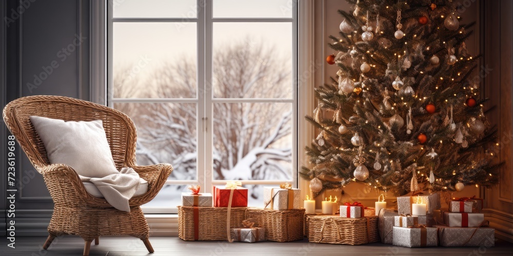 Contemporary home interior design. Cozy living room with Christmas tree and gifts, table, rattan chair. Festive holiday decor. Contemporary home interior design. Cozy living room with Christmas tree and gifts, table, rattan chair. Festive holiday decor.
