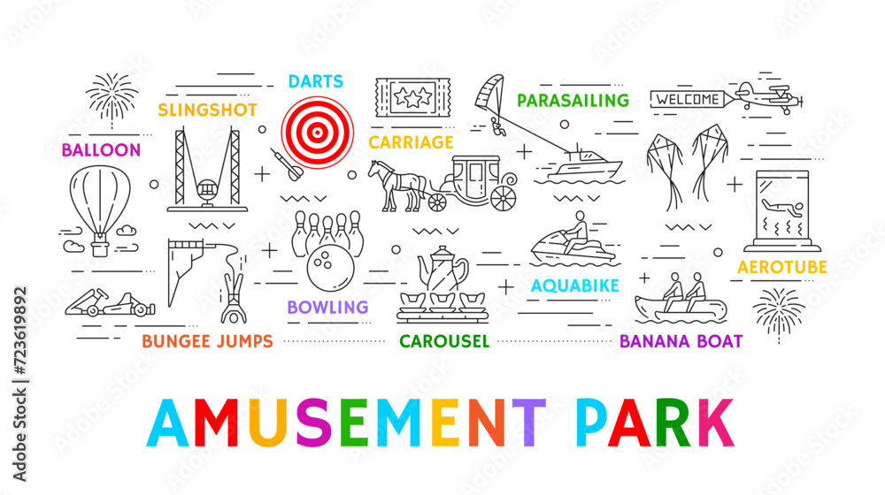Obraz premium Line amusement park, carnival fun fair or funfair attractions. Vector outline carousel, hot air balloon and horse carriage, ticket, darts and bowling, slingshot and aerotube, fairground entertainment