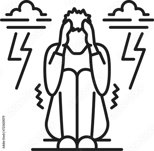 Human astraphobia phobia icon, mental health. Fear of thunder and lightning, mental disorder, people psychology problem thin line symbol or sign with man frightened by thunder