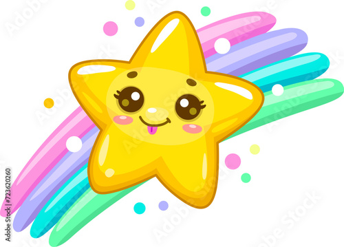 Cartoon cute kawaii star and twinkle personage character gleefully perched on vibrant rainbow. Isolated vector whimsical toon with a smiling face, radiating joy with its playful and adorable presence