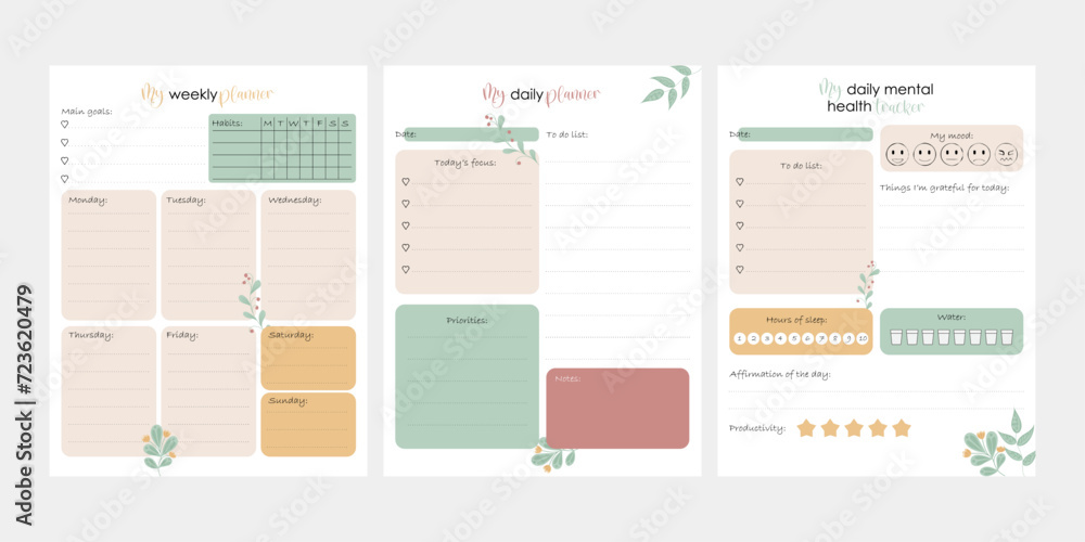 Bullet journal template. Weekly, daily planer. Mental health planer. Ready to print 8,5x11 in pages. Vector illustration - obrazy, fototapety, plakaty 