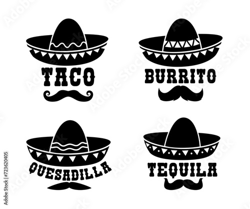 Mexican sombrero with burrito, taco, quesadilla and tequila typography words. Isolated vector black silhouettes of traditional latin headwear with mustaches and creative lettering of tex mex meals