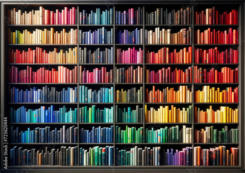 Organized bookshelf with colorful books photo