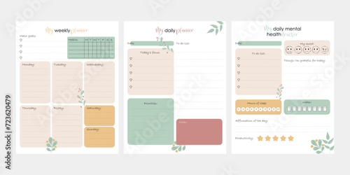 Bullet journal template. Weekly, daily planer. Mental health planer. Ready to print 8,5x11 in pages. Vector illustration photo