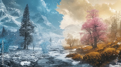 Enchanting Landscape of a Snowy Mountain Range with a Blossoming Pink Tree, Flowing River, and Golden Sunset