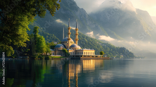 Magnificent mosque on the shore of a misty lake with mountains in the background at sunrise