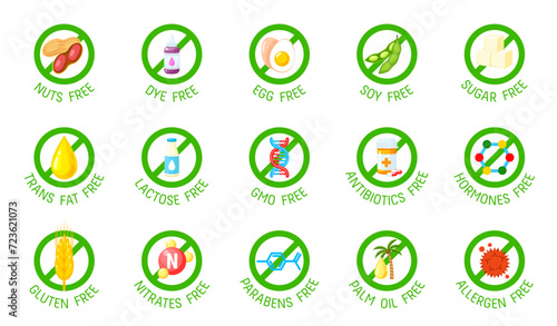 Sugar, gluten, GMO, lactose free icons and symbols. Bio safe agriculture product, hormones contain certification or natural food warranty vector seal. No DYE, eggs, soy free, sugar and trans fat signs