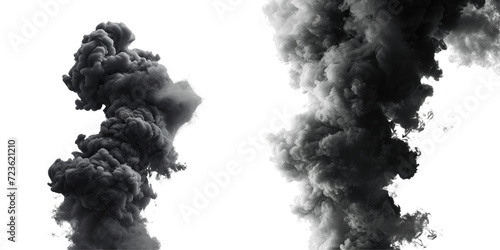 Dense Black Smoke Cloud Set Isolated on Transparent or White Background, PNG photo