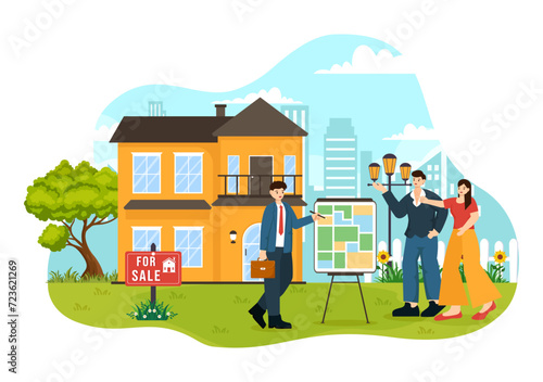 Land Broker Vector Illustration with Bridging Investors or Buyers and Sellers Agent for Buy, Rent and Sell Property in Flat Cartoon Background