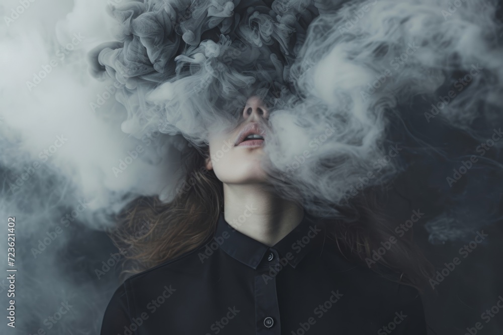 Fototapeta premium A mysterious woman exudes an air of darkness and intrigue as smoke billows from her face, shrouding her in a captivating aura