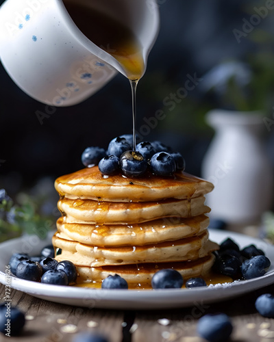 Gluten free vegan blueberry pancakes, blueberries on top of pancakes and around, The cup is watering the pancakes from above