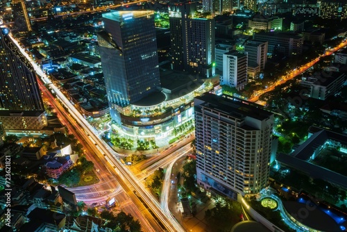 Bangkok Business District City Center Samyan Intersection Traffic With Buildings Skyscrapers During Night 1