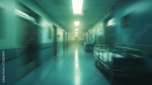 Amidst the sterile glow of fluorescent lights, a solitary hospital bed sits at the end of a seemingly endless hallway reminiscent of a subway train's narrow confines