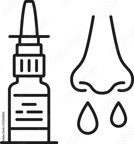 Nasal spray line icon of pharmacy medicine and medical treatment, outline vector. Nasal spray bottle for nasal congestion and allergy rhinitis remedy, outline medical pictogram for healthcare