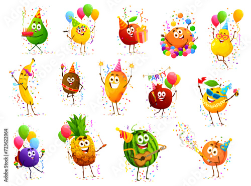 Cartoon cheerful fruit characters on birthday holiday anniversary. Guava, lemon, apple and orange, pear, banana fruits isolated vector cheerful personages celebrating birthday with cake, balloons