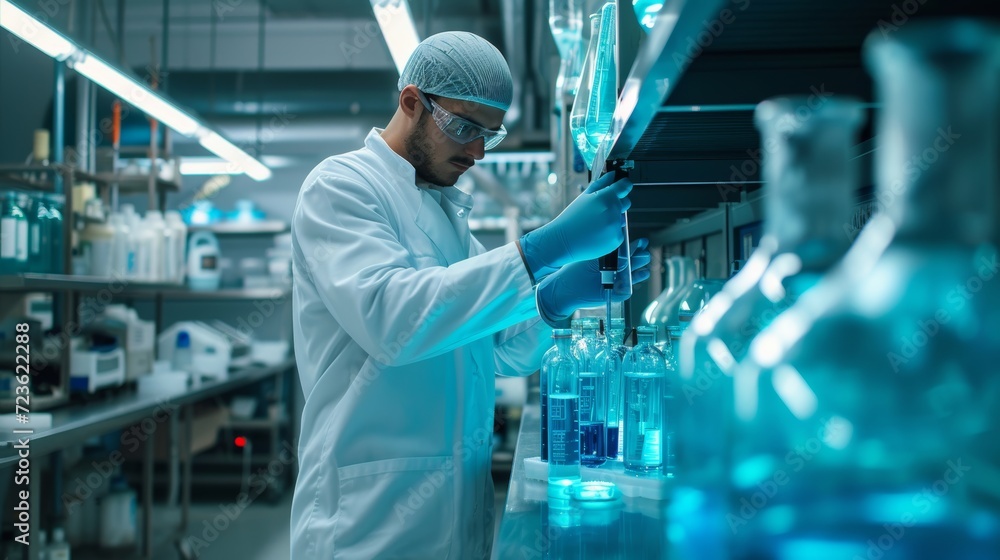 Amidst a sea of scientific equipment, a dedicated chemist in a pristine lab coat and protective goggles meticulously conducts research in a bustling laboratory at a prestigious research institute Amidst a sea of scientific equipment, a dedicated chemist in a pristine lab coat and protective goggles meticulously conducts research in a bustling laboratory at a prestigious research institute