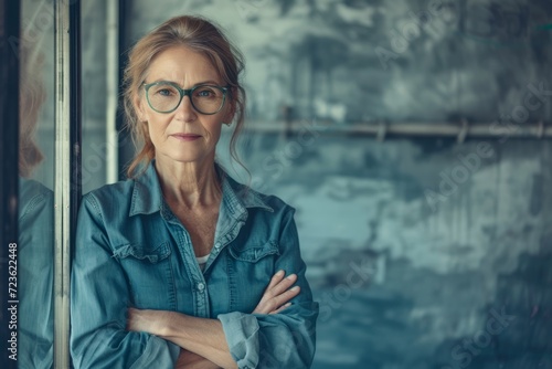 A confident woman stands by a window, her arms crossed and a slight smile on her face, wearing stylish glasses and a transparent material that adds a touch of elegance to her portrait photo