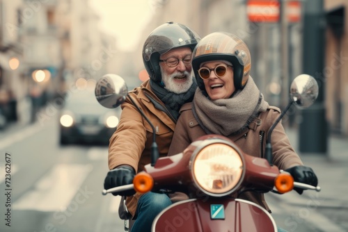 An adventurous couple smiles as they cruise through the bustling city streets on their trusty scooter, the wind in their hair and the city buildings as their backdrop photo