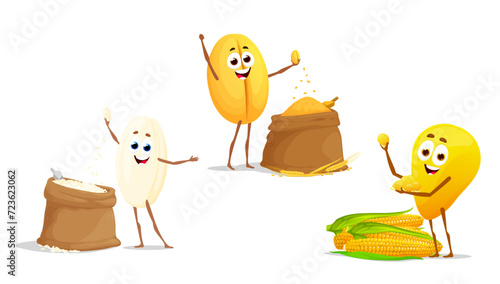 Rice, wheat and corn grain characters, vector cereal food. Cartoon personages of funny crop plant showing harvested seeds and kernels with brown sacks, maize vegetable cobs, wheat and rice spikelets