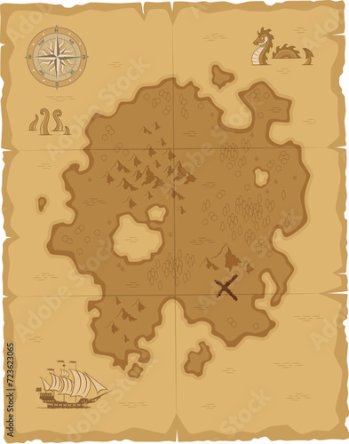 Pirate map Vector ancient, weathered parchment with mysterious markings, teeming with adventure clues leading to buried treasures. X marks the spot, adorned with compass rose and illustrated landmarks