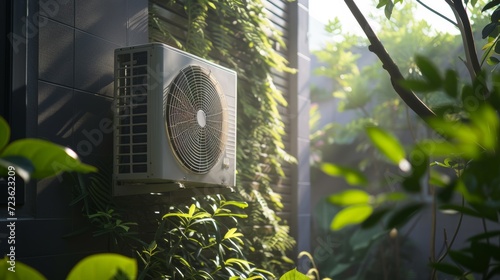 Amidst the lush greenery of the outdoor landscape, a solitary air conditioner sits on a wall, providing cool relief to the building's inhabitants through a window adorned with a vibrant plant