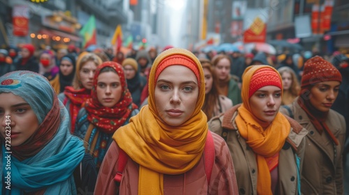 Group of Women Wearing Headscarves and Scarves at Outdoor Gathering © Berzey Art