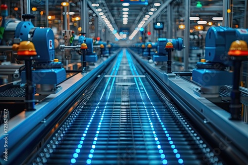 Modern industrial factory with automated machinery and conveyor belts for manufacturing and transportation. Blue steel machinery and equipment in empty warehouse modern production technology photo