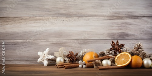 Natural wooden background with vintage white Christmas decorations, cinnamon sticks, dried citrus, and a cafe shelf. photo