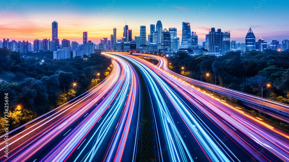 Urban Night Highway: Cityscape with Fast-Moving Traffic and Light Trails, Perfect for Modern Transportation and Architecture