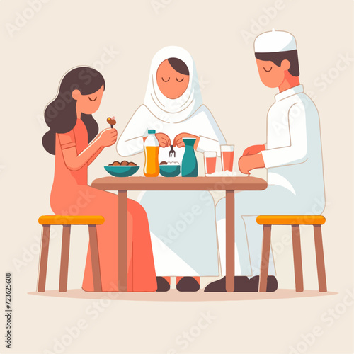 flat vector illustration of people breaking the fast. simple and minimalist design. Illustration of Muslim families are breaking the fast together