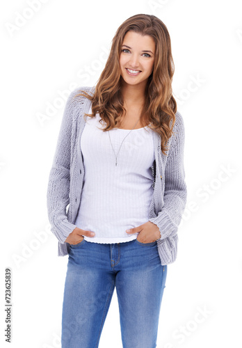 Fashion, confident and portrait of woman on a white background with style, cool clothes and outfit. Attractive, happy and face of isolated person with positive attitude, pride and beautiful in studio