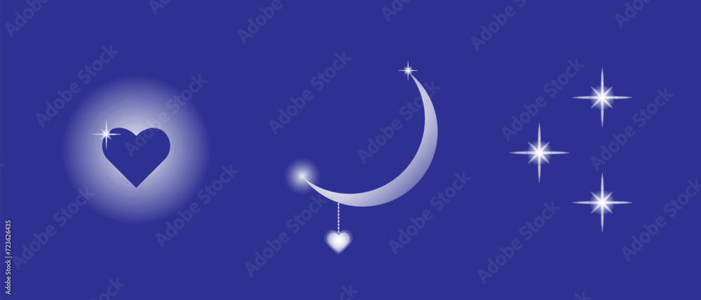 Naklejka premium Moon, crescent, stars and hearts on blue sky. Set of heavenly fairy-tale objects. Vector illustration, templates.