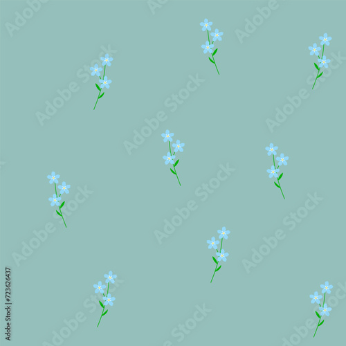Forget-me-nots on a pastel green background. Small blue flowers in a random arrangement. Seamless pattern. Flat style, isolated. Background for cover, fabric, decor.